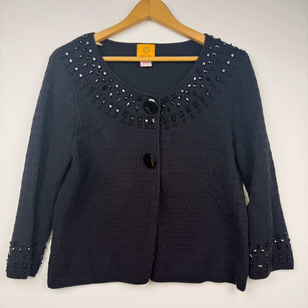 Ruby Rd Black Beaded Rhinestone Textured Knit Cardigan Sweater Large